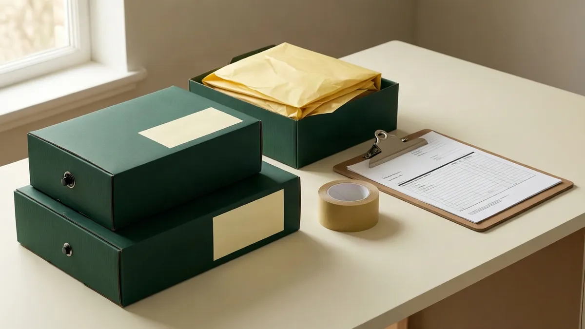 Drie donkergroene dozen op een wit bureau, naast een rol tape en een map met papier, bij een raam.