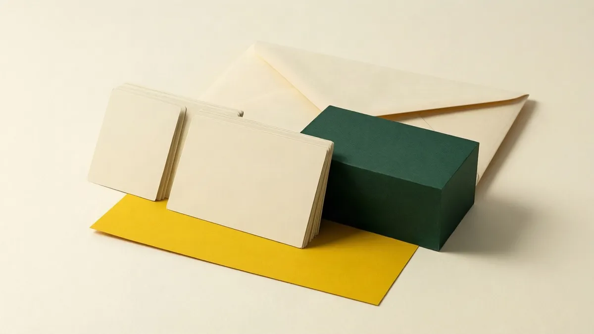 Op een groen oppervlak met een gele strip liggen stapels witte en groene kaarten, een envelop en zilver-gouden euromunten.
