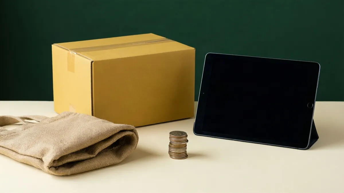 Een beige juttentas, een bruine kartonnen doos, een stapel munten en een zwarte tablet staan op een witte tafel tegen een donkergroene achtergrond.