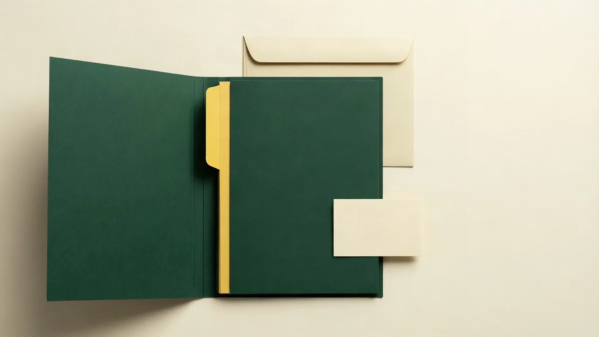 Open groene map met geel tabblad en crèmepapieren, envelopje en klein papier naast bruine doos op witte tafel in zacht licht.