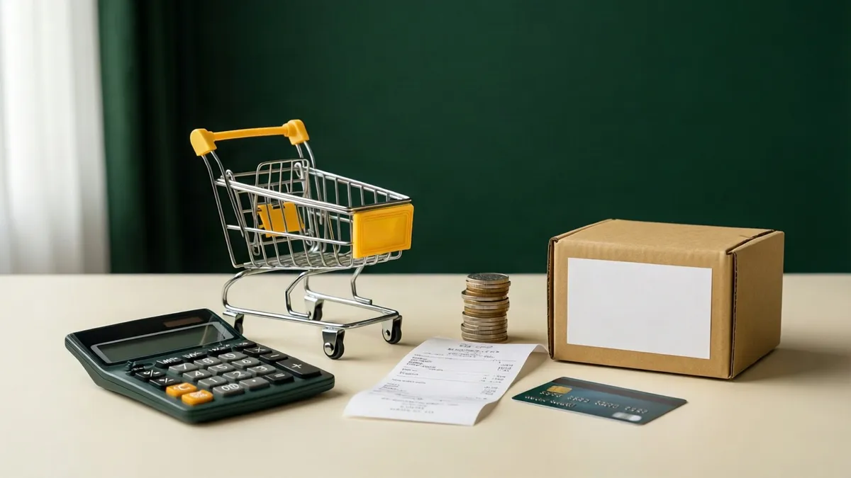 Een mini-winkelwagen, calculator en kartonnen doos staan op een tafel met munten, bon en pas voor een groene achtergrond.