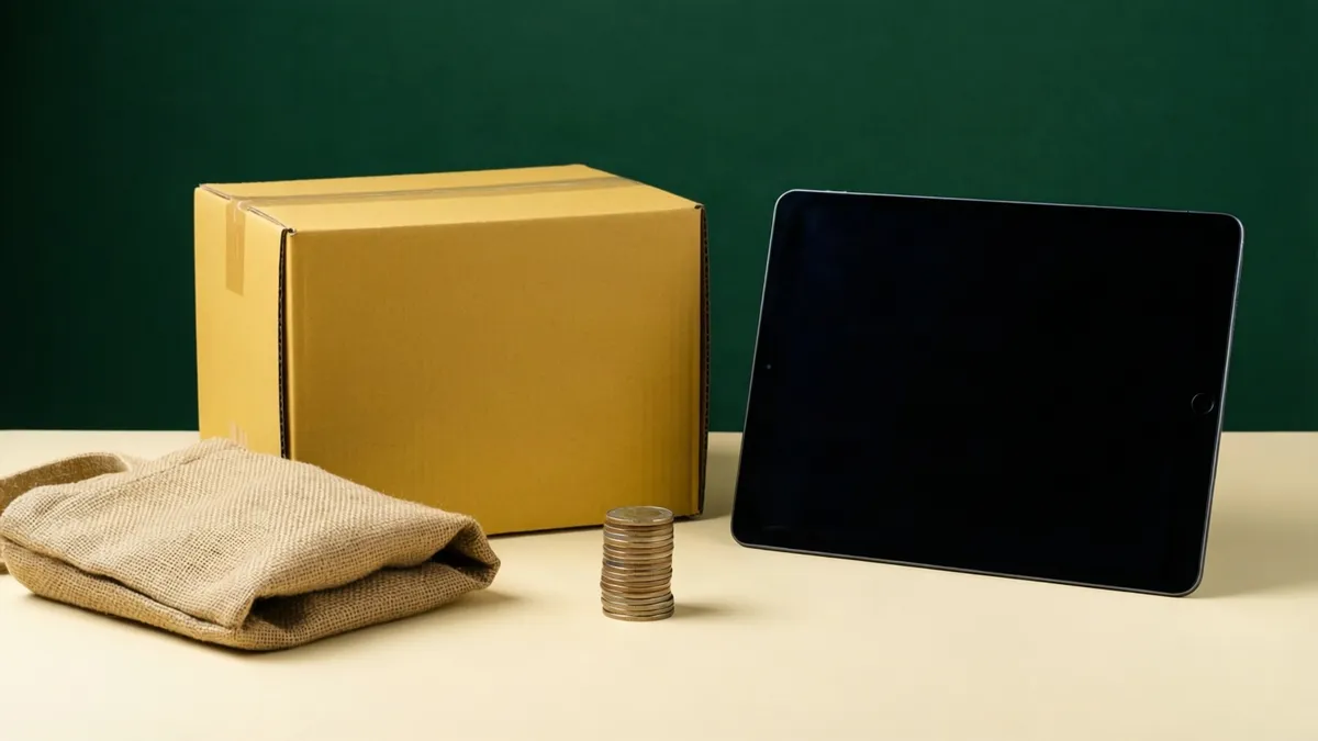 Op een lichtbeige tafel staat een bruine kartonnen doos, een opgevouwen juttentas, een stapel munten en een zwarte tablet tegen een donkergroene.